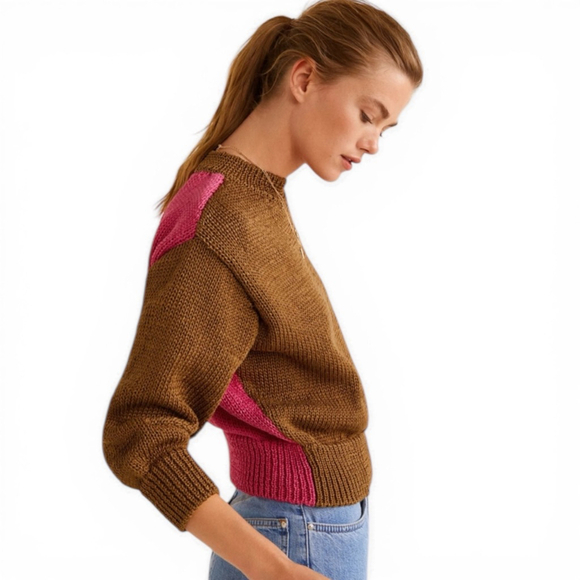 Mango Sweaters - Mango Colourblock Cropped Knit Sweater, S, Brown/Pink Pullover, Textured Knit